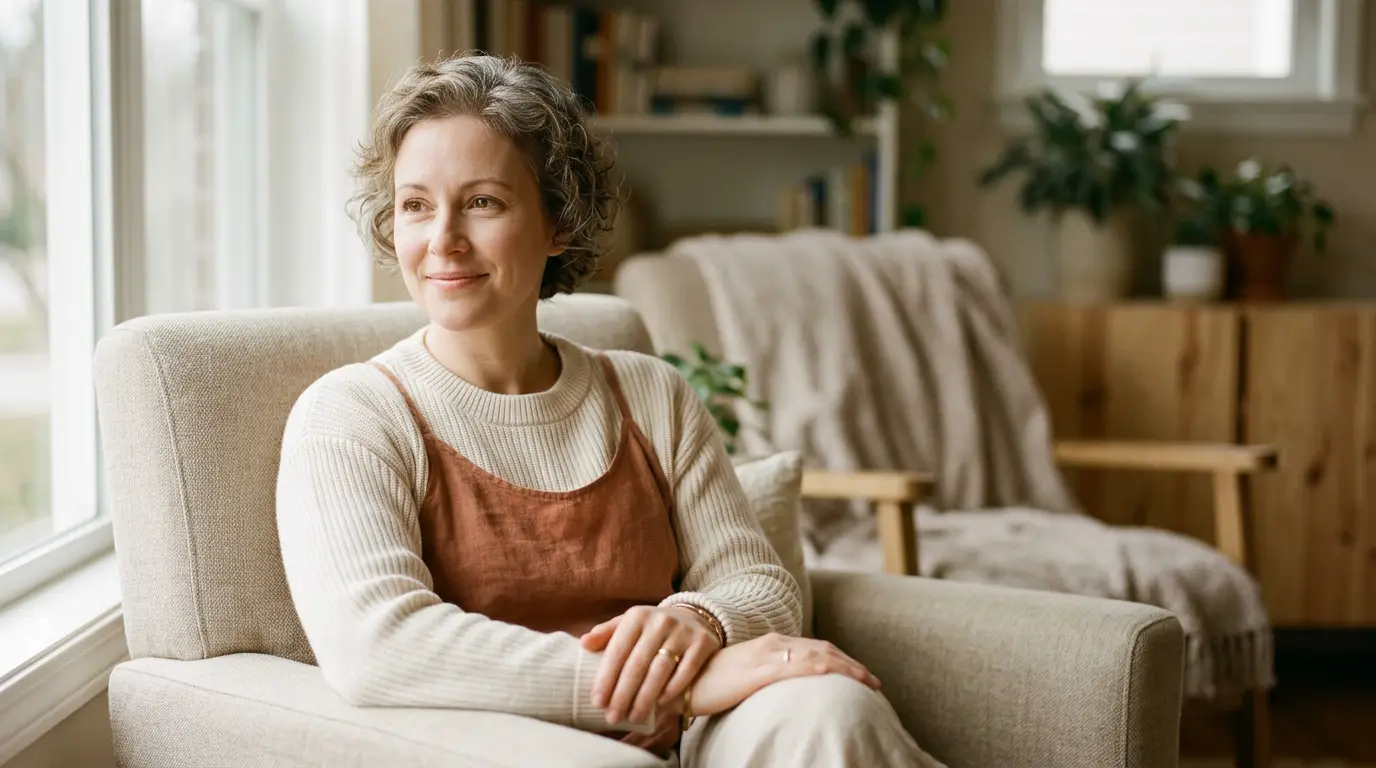 Vrouw met kort, krullend grijzend haar zit ontspannen en hoopvol in een lichte huiskamer bij het raam